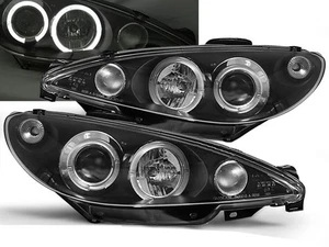 faros para PEUGEOT 206 1998 1999 2000 2001 2002 ojos de ángel negro LHD - Picture 1 of 1