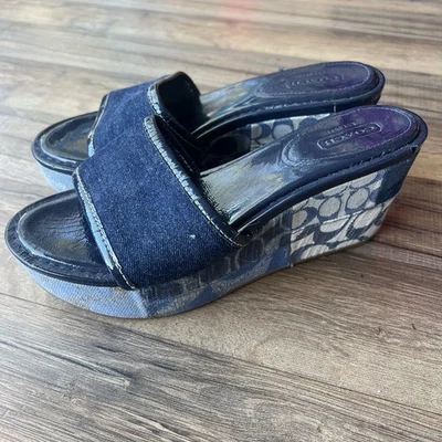 Coach A0290 Jacquard Patchwork Denim Tecido Azul Wedge Mules, 7.5 B Y2K - Imagem 1 de 4