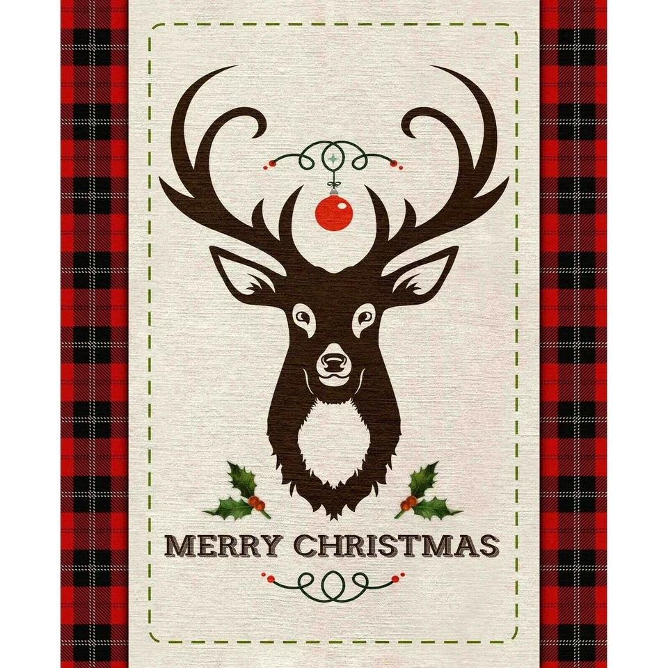35" Fabric Panel - Springs Merry Christmas Deer Stag Head Brown Red - Image 1 of 1