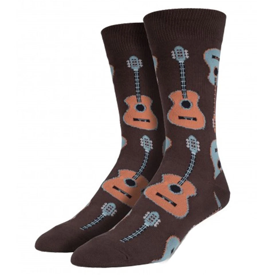 Socksmith Guitars Mens size 10-13 Crew Socks Brown Novelty Musician Gift