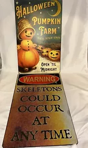 Halloween Kürbis Bauernhof Blechschild 15,5" x 9,5" Warnung Skelette 2 Schilder - Bild 1 von 3