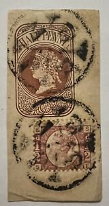 1800's BRITAIN 1/2 PENNY STAMP AND CUT SQUARE WITH UNIQUE FANCY SON CANCELS