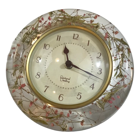 Pastoral Dwelling Quartz Wall Clock Dried Wildflower 1970’s 8" Clear Lucite VTG Cover
