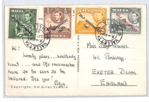 MALTA Postcard *SELF GOVERNMENT 1947* Valletta GB Devon Exeter 1955 XC44 - Picture 1 of 12