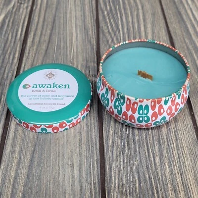 Root Candles 4oz Awaken Beeswax Wooden Wick Basil Lime Seeking Balance Tin Jar - Image 1 of 4