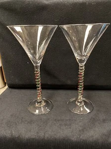 LENOX MARTINI GLASSES CRYSTAL Red Green Metal Bead Stem 11” Glass Cosmo Wine - Picture 1 of 9