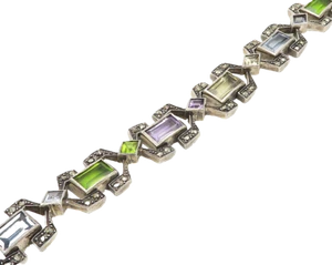 925 Silver Vintage Topaz Amethyst Peridot & Marcasite Chain Bracelet BT7728 - Picture 1 of 5