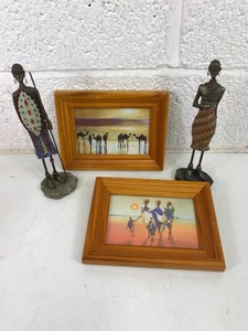 Vintage African Art Bundle 2 Figurines & 2 Framed Mini Prints (4pieces) - Picture 1 of 10