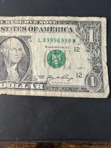 Fancy Trinary Serial Number L89996998M One Dollar Bill RADAR - Picture 1 of 2