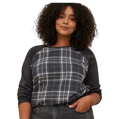 Torrid 2X Classic Fit Cozy Fleece Plaid Raglan Sleeve Sweatshirt - Image 1 of 4