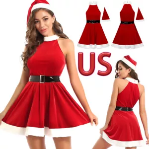 Womens Christmas Soft Velvet Dress with Hat Belt Outfits for Cocktail Party - Picture 1 of 18