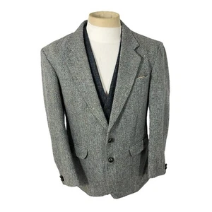 Harris Tweed Mens Herringbone Blazer Jacket Country Blue Size 42R Wool 2 Button - Picture 1 of 13