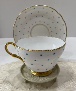 Shelley Blue Polka Dot with Gold Trim Tea Cup and Saucer Excellent Condition - Picture 1 of 9