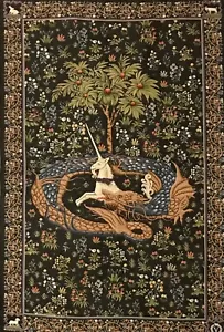Tapiz de pared medieval unicornio en cautiverio capturado rodeado de serpiente 42"x28" - Imagen 1 de 5