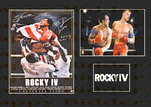 A3 Size Card Mounted Signed Sylvester Stallone Burt Young Dolph Lundgren Rocky 4