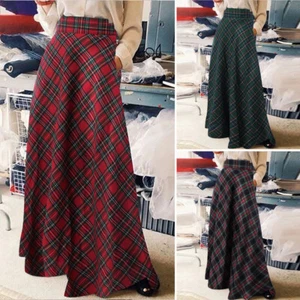 Women Vintage Plaid Check Long Maxi Skirt High Waist Ladies Party Night Dress US - Picture 1 of 19