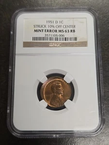 1951-D Lincoln 1c Cent Penny Struck 10% Off Center Mint Error NGC MS63 MS 63 RB - Picture 1 of 5