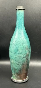 Paul Ray Pottery Studio Seagrove NC Raku Glaze Turquoise & Copper Bud Vase 11” - Picture 1 of 10