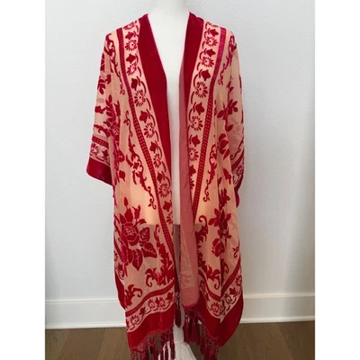 Free People Kimono Terciopelo Transparente Burnout Floral Plumero Rojo Boho Bohemio Foto 1 de 4