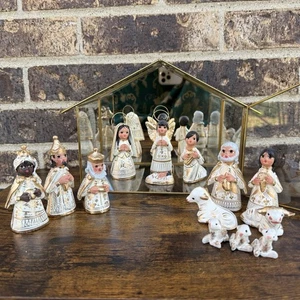 VTG Christmas Mexican Hand Painted Nativity Pottery Gold White Glass Manger Case - Picture 1 of 24