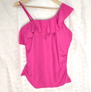 SWIMSUIT Tankini Ruffle One Shoulder Coverage Top Hot Pink Size Women Large - Picture 1 of 9