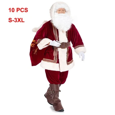 Disfraz de Papá Noel para hombre 10 piezas. Traje de Papá Noel de lujo con capucha de terciopelo navideño para adultos Foto 1 de 4