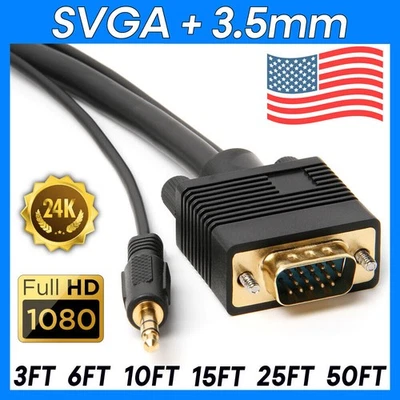 VGA+3.5mm Cable VGA to VGA Cord 3.5mm Audio SVGA Monitor Cord HD15 Video Cable - Image 1 of 4