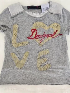 Desigual Grey Shirt With Gold Sequin LOVE girls size 4 - Picture 1 of 3