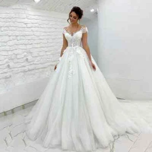Princess Wedding Dresses Off Shoulder Lace Applique Sleeveless Boho Bridal Gowns - Picture 1 of 14