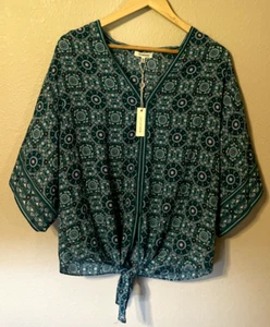 Blusa Kimono Max Studio Nueva con Etiquetas Corbata Frontal Azul Geométrica Manga Campana Grande - Imagen 1 de 7