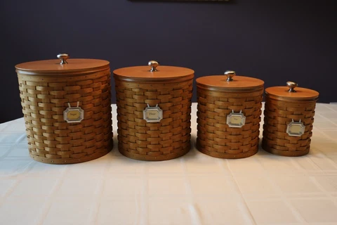 Longaberger Basket 16 Piece Canister Set with Lidded Plastic Inserts & Tie-Ons Cover