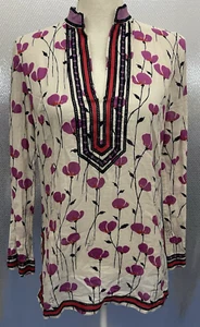 Tory Burch Tunika Top Damen Gr. 2 Mohnblumen Tory Print V-Ausschnitt Bändchendetail Bluse - Bild 1 von 6