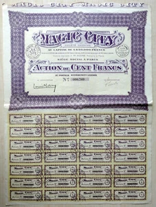 France, 1931, Magic City - Vintage Bond Certificate & Coupons, 100 Francs - Picture 1 of 1