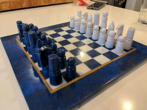 Marble Chess Board Set Lapis Lazuli Mosaic Inlay Work Chess Pieces Handmade Art - Picture 1 of 12