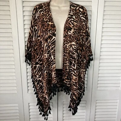 Bobbie Brooks Marrón Negro Blanco Manchas de Animales con Flecos Frente Abierto Kimono OS Foto 1 de 4