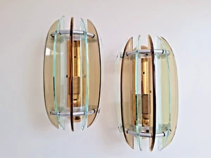 Coppia Applique Veca per Fontana Arte, Anni '60, Vetro Molato e Acciaio - Afbeelding 1 van 3