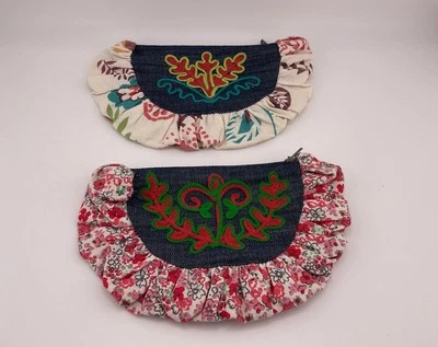 2 件牛仔刺绣荷叶边波西米亚变色钱包 - 100% 棉拉链 - 印度 - LR2 — 第 1/4 张图片