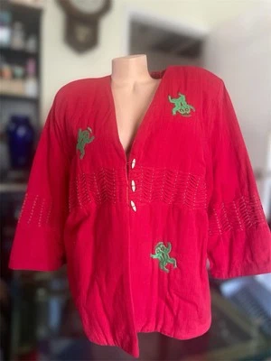 VTG Irene Pulos Red Jacket Embroidered Frogs  Mexican Boho Cotton Women’s Sm - Image 1 of 4