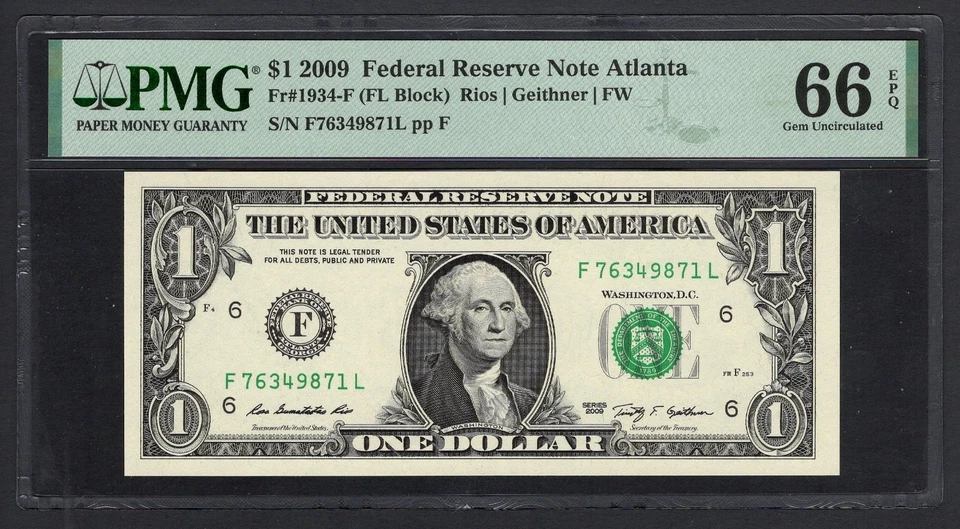 United States-Federal Reserve 1 Dollar 2009 Fr#1934-F (FL Block) UNC Grade 66 - Image 1 of 2