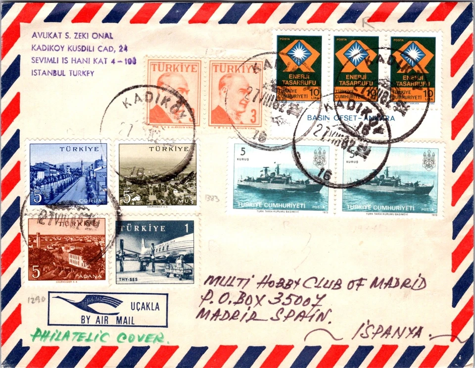 TURKIYE 1982 POSTAL AIRMAIL COVER MULT FRANKING ADDR SPAIN CANC KADIKOY - Image 1 of 2