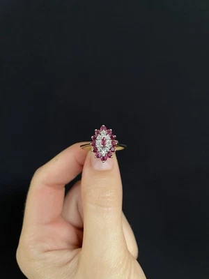 Vintage 10kt Gold Ruby And Diamond Marquise Shaped Cluster Ring Size 10.5 - Image 1 of 4