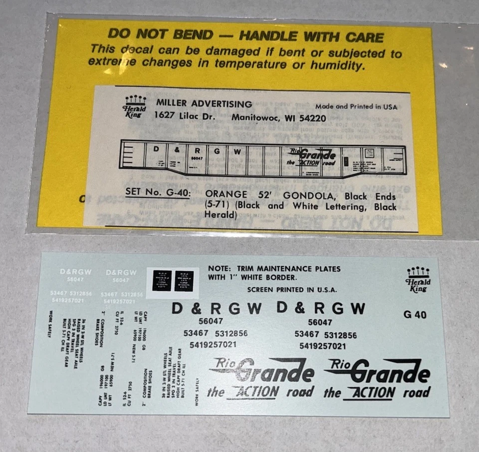 HERALD KING HO DECAL-RIO GRANDE/D&RGW GONDOLA -ORANGE w/BLACK LETTERING - #G-40 - Image 1 of 1
