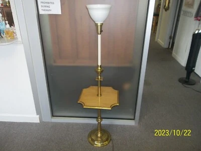 HTF Vtg. Hollywood Regency STIFFEL Brass Lotus Torchiere Floor Lamp w/Wood Table - Image 1 of 4