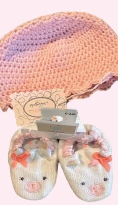 Gorro tejido a ganchillo rosa bebé niña recién nacido a 3 meses blanco tejido botines Foto 1 de 4