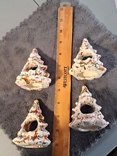 Vintage Christmas Tree Napkin Rings White Ceramic Speckled w/Red Green Set Of 4 