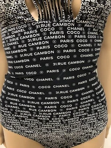 CHANEL 2009 Black BIKINI Swimsuit Bodysuit One Piece Chanel print Sz.S - Picture 1 of 9