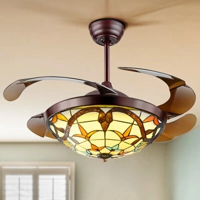 42” Tiffany Ceiling Fan w/Light Classic LED Chandelier Remote Retractable Blades - Image 1 of 4