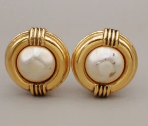 CHANEL Logo Imitation Pearl Button Earrings 23 Clip-On Gold Vintage 67YG913 - Picture 1 of 10