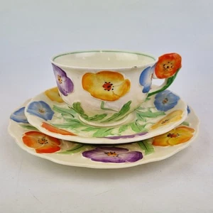 Antique Art Deco Grindley Cup And Saucer Trio Multicoloured Flowers #1 - Picture 1 of 17