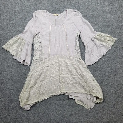 Túnica Ryu Top Feminina M Lavanda Roxa Claro Renda Boho Manga Flare Bordada - Imagem 1 de 4